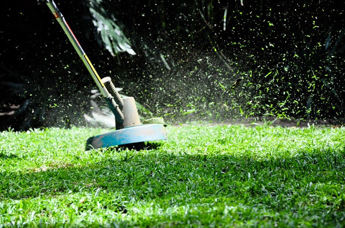 Cordless string trimmer cutting grass on a UK lawn